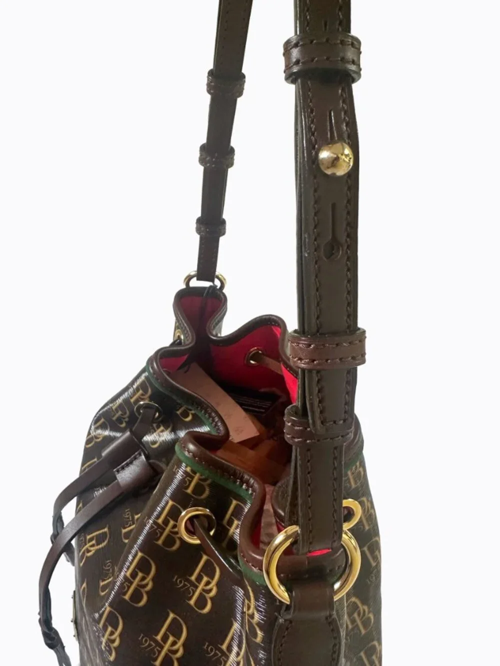 Dooney & Bourke Kendall Drawstring Bucket Bag Signature Monogram Brown Old Money